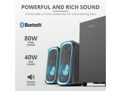 Trust GXT635 RUMAX RGB, 2.1 stereo, 20W + 2x10W RMS, USB/Bluetooth/HDMI, digital/analog, fjärrkontroll - Svart#4