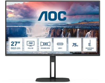 27" AOC 27V5C/BK, IPS 1920x1080, 1 ms, 75Hz FreeSync, höjdjusterbar, HDMI/DP/USB-C 65W, högtalare, USB 3.2-hubb