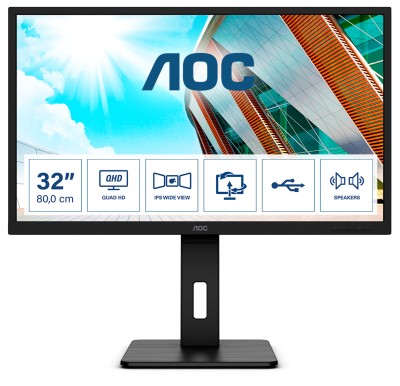 31.5" AOC Q32P2CA, IPS 2560x1440, 5 ms, 75Hz, höjdjusterbar, pivot, 2xHDMI/DP/USB-C 65W, högtalare, USB 3.2-hubb