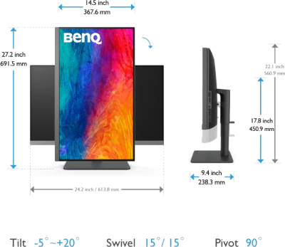 27" BenQ PD2706U, IPS 4K/3840x2160, höjdjusterbar, pivot, HDMI/DP/USB-C 90W, USB 3.2-hubb, högtalare#8