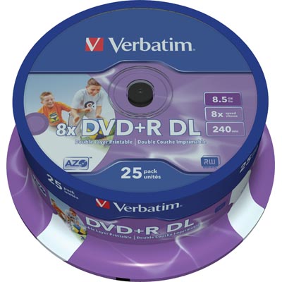 DVD+R media Verbatim Double Layer 8.5 GB 8X, 25-pack spindel, printable