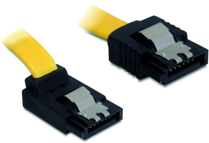 SATA3 kabel DeLOCK, med lås-clips, vinklad uppåt-rak, 50 cm - Gul