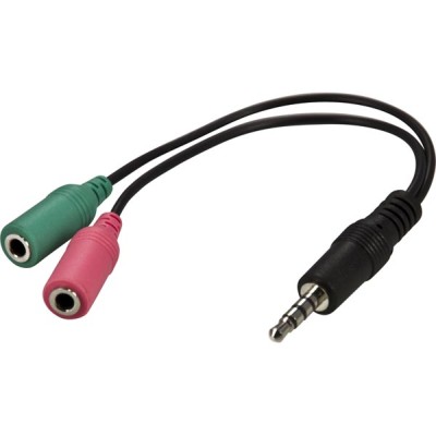 Headsetadapter för Smartphone, 3,5mm (4-polig) till 2x3,5mm (3-polig), 0,1 meter - Svart