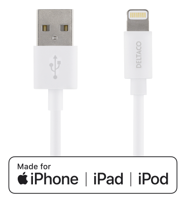 USB-synk/laddarkabel Deltaco, Lightning, 1 meter - Vit
