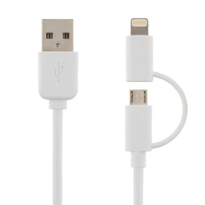 USB 2.0-kabel A ha till Micro B ha/Lightning, 1 meter, Deltaco, MFi - Vit