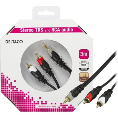 Ljudkabel 3,5 mm stereo till 2xRCA, guldpläterad, 3 meter - Svart