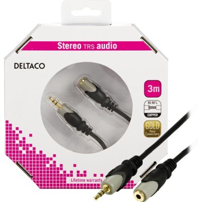 Förlängningsljudkabel stereo 3,5 mm, guldpläterad, 3 meter - Svart