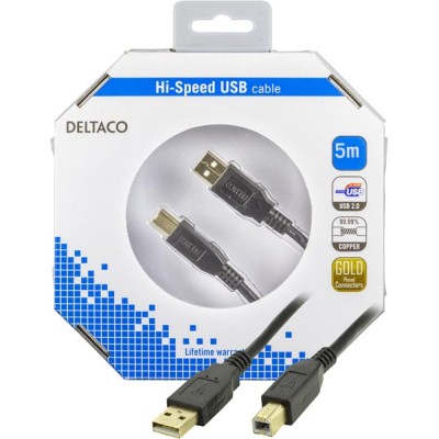 USB 2.0-kabel A ha till B ha, 5 meter, svart