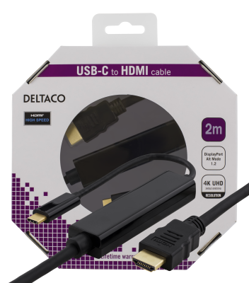 Deltaco USB-C - HDMI, Ultra HD 3840x2160 30Hz, 2m, svart