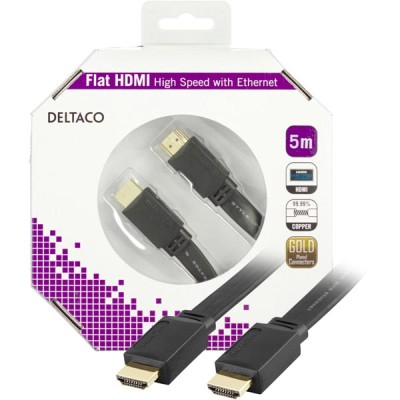 HDMI-kabel, 4K/3D, flat, 5 meter - Svart