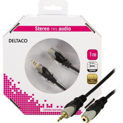 Förlängningsljudkabel stereo 3,5 mm, guldpläterad, 1 meter - Svart