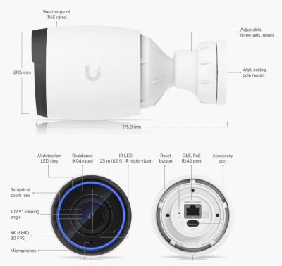 Ubiquiti Networks AI Professional, 4K@30fps, 3X zoom, 8MP, inomhus/utomhus, dag/natt, IR 25 meter, PoE - Vit#2