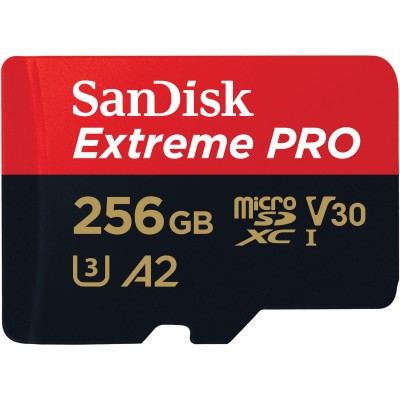 Micro Secure Digital SDXC 256 GB Sandisk Extreme Pro, 170 MB/sek, Class 10, UHS-I V30, U3, A2, inkl. SD-adapter