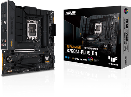 Asus TUF GAMING B760M-PLUS D4, Intel LGA1700, 2xPCI Express, MicroATX, 4xDDR4, 2xM.2 + SATA3 RAID, HDMI/DP, USB-C, 2.5Gbe LAN, Aura Sync RGB