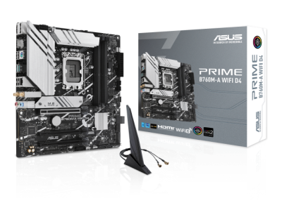 Asus PRIME B760M-A WIFI, Intel LGA1700, PCI Express, MicroATX, 4xDDR5, 2xM.2 + SATA3 RAID, 2xHDMI/DP, USB-C (front), 2.5Gbe LAN, WiFi 6, Bluetooth 5.2, Aura Sync RGB