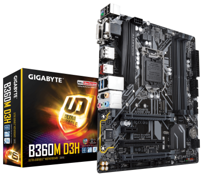 Gigabyte B360M D3H, Intel LGA1151, B360, PCI Express, MicroATX, 4xDDR4, M.2 + SATA3, VGA/DVI/HDMI/DP, USB-C, 7.1 audio, GigaLAN, RGB Fusion#1