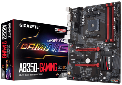 Gigabyte AB350-Gaming, AMD Socket AM4, B350, ATX, 4xDDR4, PCI Express, M.2 + SATA3 RAID, DVI/HDMI, 7.1-ljud, USB 3.1, GigaLAN