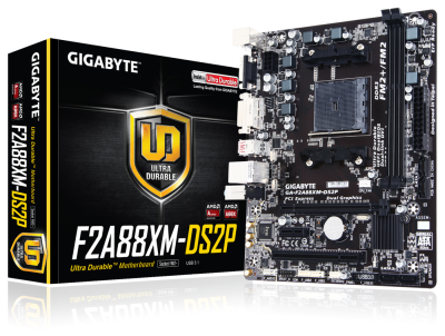 Gigabyte GA-F2A88XM-DS2P AMD Socket FM2+, AMD A88X, MicroATX, DDR3, VGA/DVI, SATA3 RAID, 7.1-ljud, USB 3.1, GigaLAN