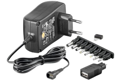 Universal AC-adapter 230V till 3-12V DC 18W/1,5A, MicroConnect, 8 st DC-kontakter + USB