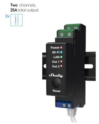 Shelly Pro 2PM, 2-kanals relä, max 25A, mätfunktion, LAN/WiFi/Bluetooth