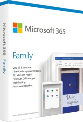 Microsoft Office 365 Family, PC/Mac/Android/iOS, svensk, för upp till 6 användare, abonnemangslicens 1 år, Medialess