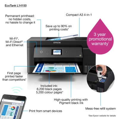 Epson EcoTank L14150, A3+ skrivare + scanner + kopiator + fax, 17/9 ppm ISO, 1200x2400 dpi scanner, duplex, display, ADF, AirPrint, USB/LAN/WiFi#3