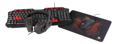Paket: Deltaco GAMING Kit, 4-i-1, tangentbord+mus+musmatta+headset - Svart/röd#1