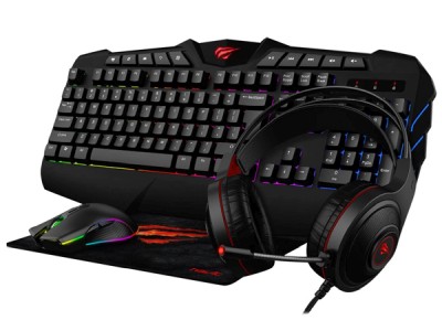 Paket: Havit KB675CM 4-in-1, tangentbord + mus + musmatta + headset - Svart/röd