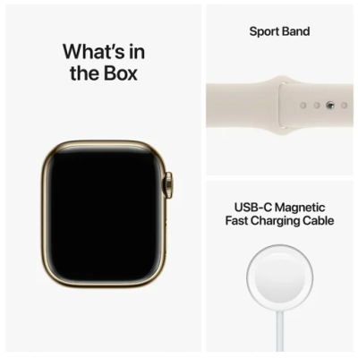 Apple Watch Series 8 GPS + Cellular, 41mm Guld Rostfri stålboett med Stjärnglans Sportband#2