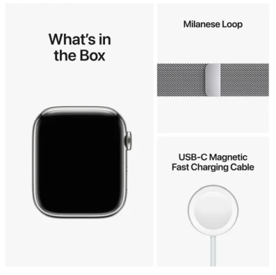 Apple Watch Series 8 GPS + Cellular, 45mm Silver Rostfri stålboett med Silver Milaneselänk#2