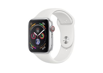 Apple Watch Series 4 GPS + Cellular, 44 mm aluminiumboett i silver med sportband i vitt