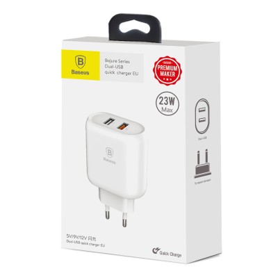 USB-laddare Baseus Bojure Series, 2xUSB Quick Charge 18W - Vit