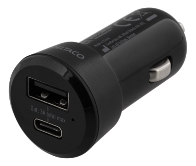 Deltaco billaddare, 3A/15W, 12V cigguttag till 1xUSB-C + 1xUSB-A - Svart