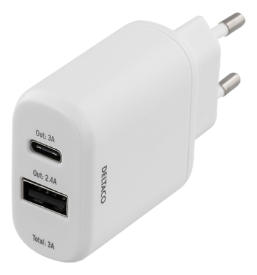 Strömadapter, Deltaco, från 230V till 5V USB, 3A/15W, 1xUSB-C, 1xUSB-A - Vit#1