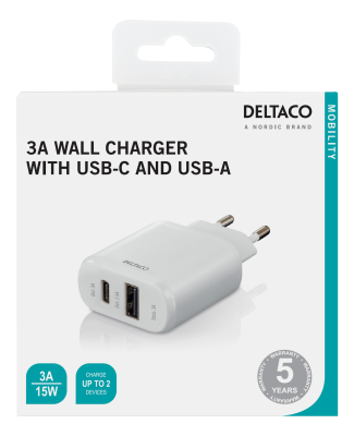 Strömadapter, Deltaco, från 230V till 5V USB, 3A/15W, 1xUSB-C, 1xUSB-A - Vit#2