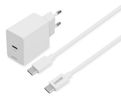 Väggladdare Deltaco 230V till USB-C PD 20W, inkl. 1 m USB-C-kabel - Vit