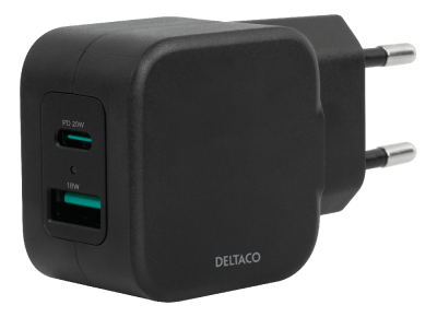 Väggladdare Deltaco 230V till 1xUSB-A 18W, 1xUSB-C PD 20W - Svart