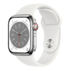 Apple Watch Series 8 GPS + Cellular, 41mm Silver Rostfri stålboett med Vit Sportband