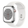 Apple Watch Series 8 GPS + Cellular, 45mm Silver Rostfri stålboett med Vit Sportband